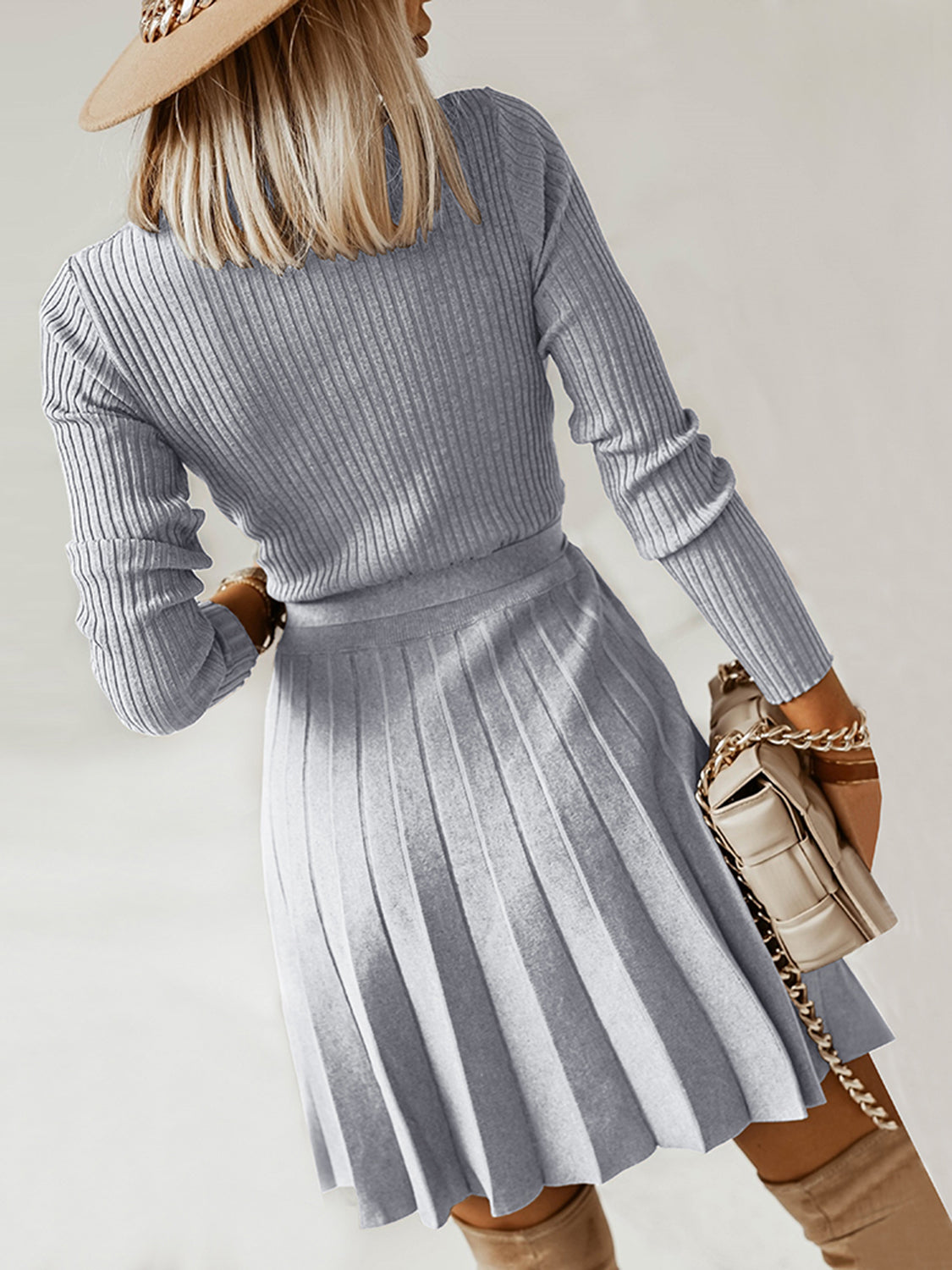 Surplice Neck Tie Front Pleated Sweater Dress - The Boutie Shop