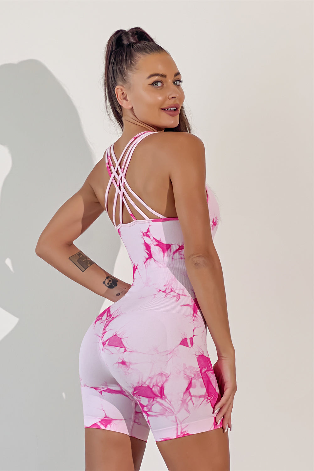 Printed Crisscross Wide Strap Active Romper - The Boutie Shop