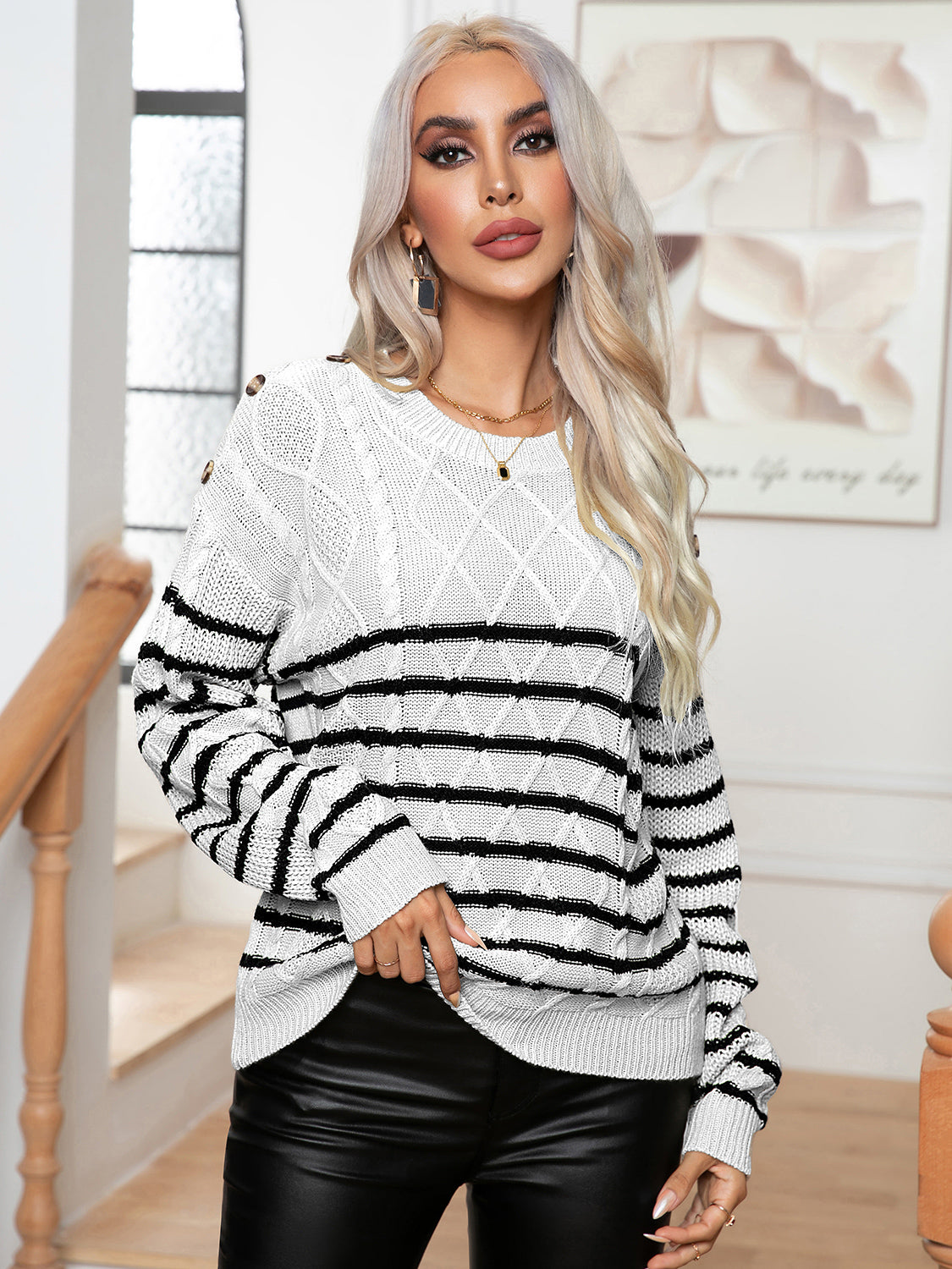 Striped Round Neck Cable-Knit Sweater - The Boutie Shop