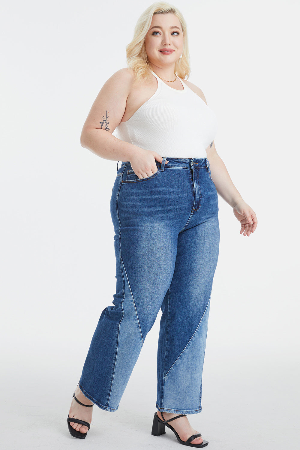 BAYEAS Full Size High Waist Two-Tones Patched Wide Leg Jeans - The Boutie Shop