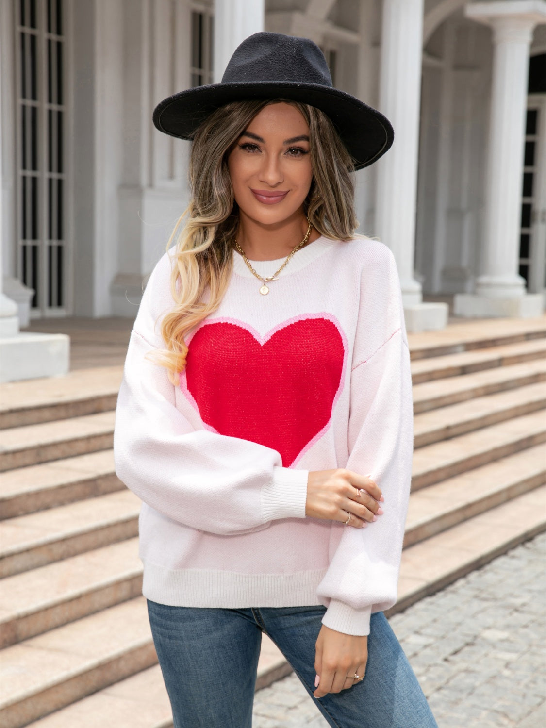 Angel Wings Heart Graphic Round Neck Sweater - The Boutie Shop