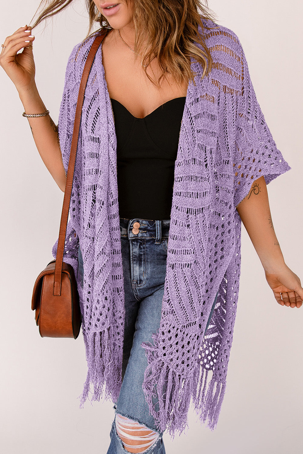 Openwork Open Front Cardigan with Fringes - The Boutie Shop