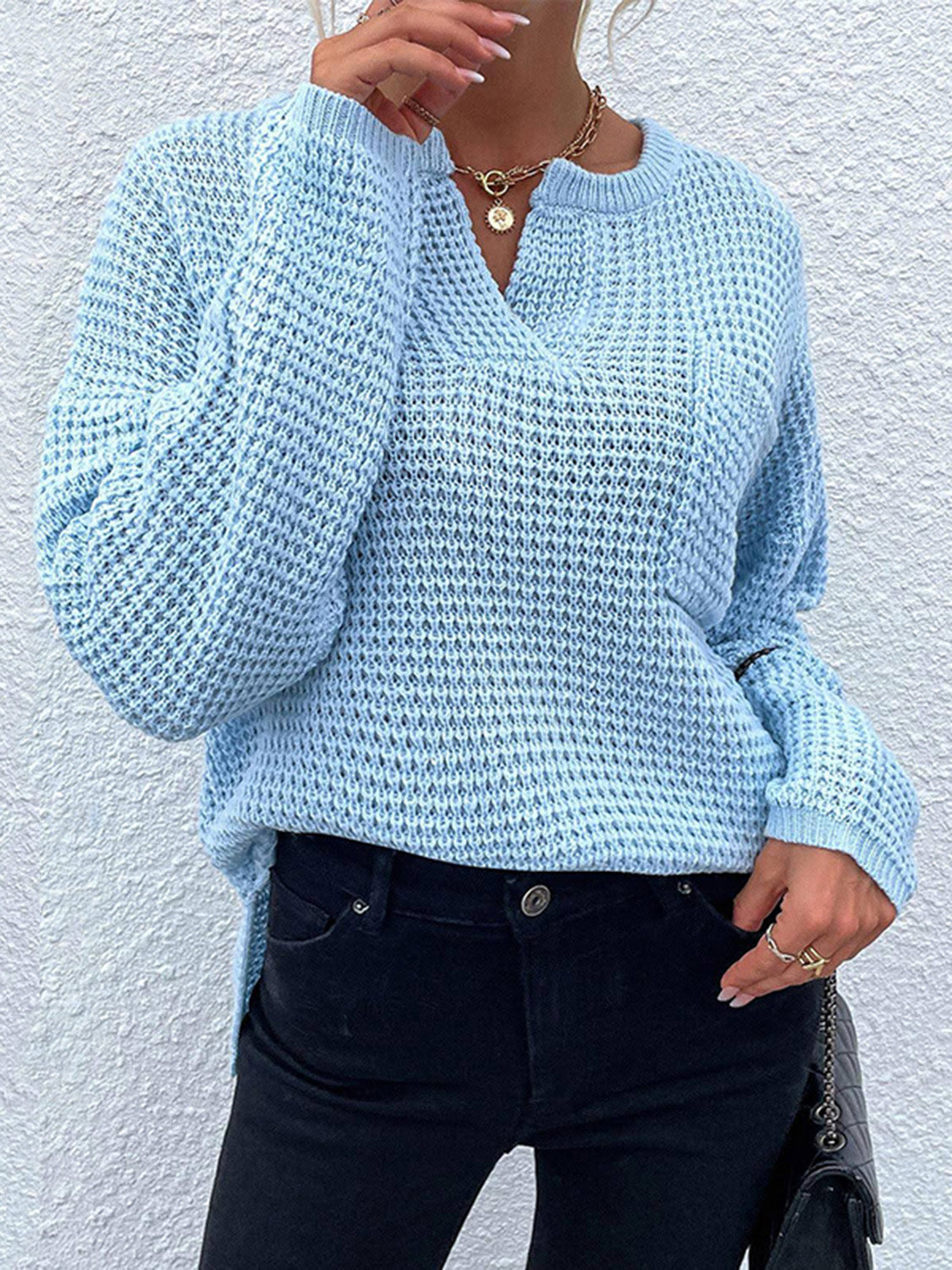 Notched Long Sleeve Sweater - The Boutie Shop