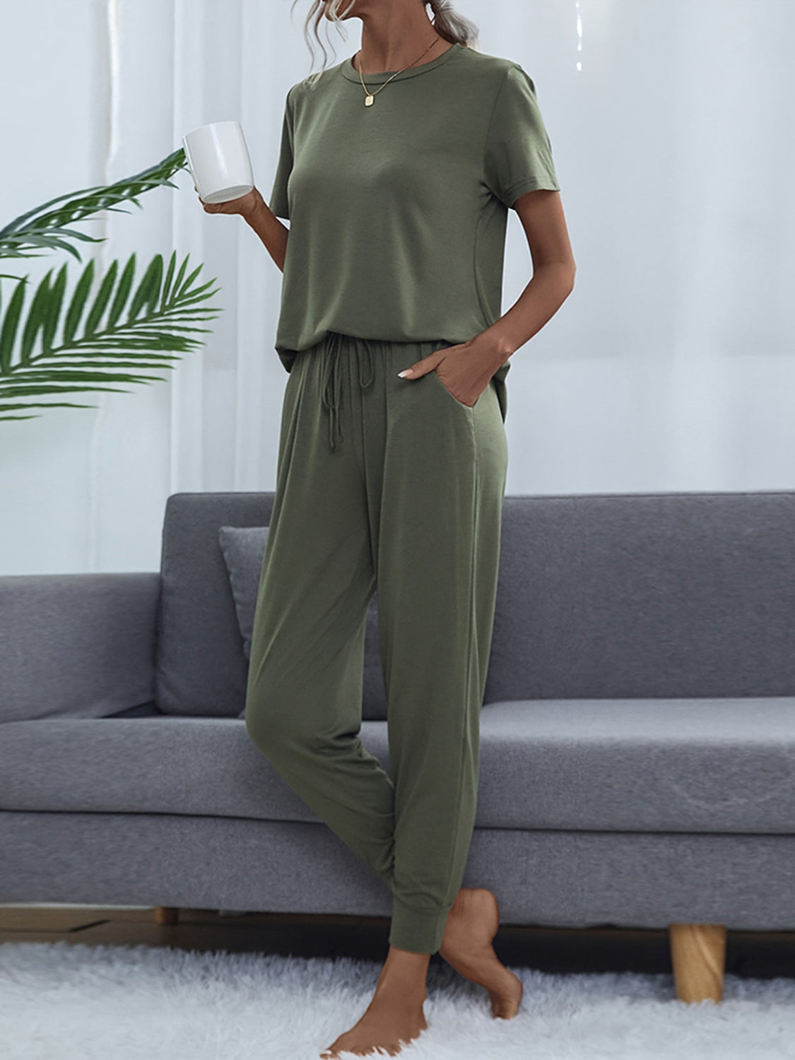 Shiny Round Neck Short Sleeve Top and Pants Set - The Boutie Shop