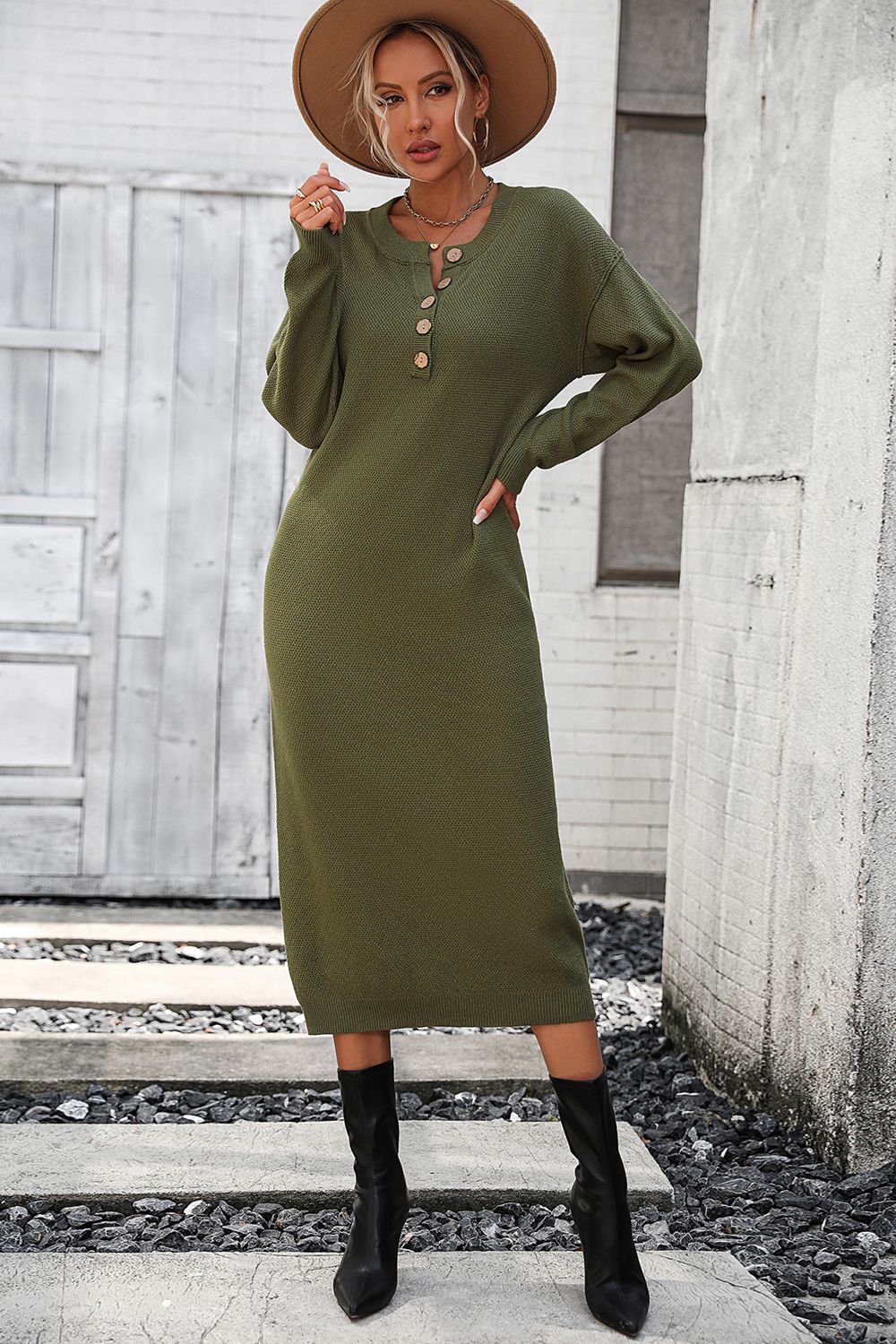 Notched Neck Dropped Shoulder Button-Down Midi Dress - The Boutie Shop