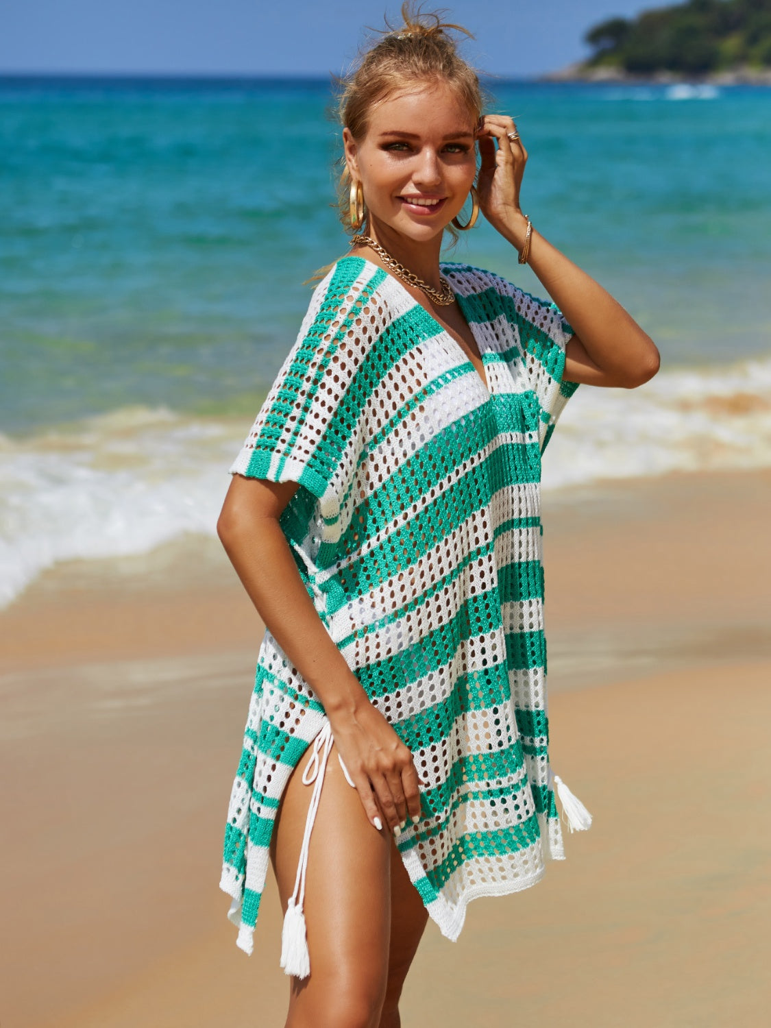 Angel Wings Tassel Openwork Striped V-Neck Cover Up - The Boutie Shop