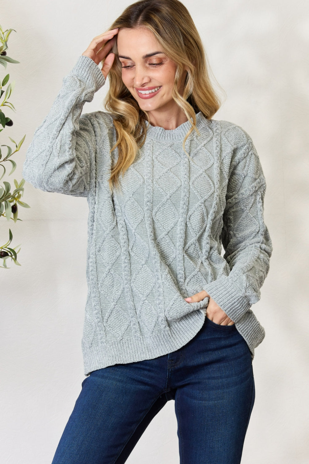 BiBi Cable Knit Round Neck Sweater - The Boutie Shop