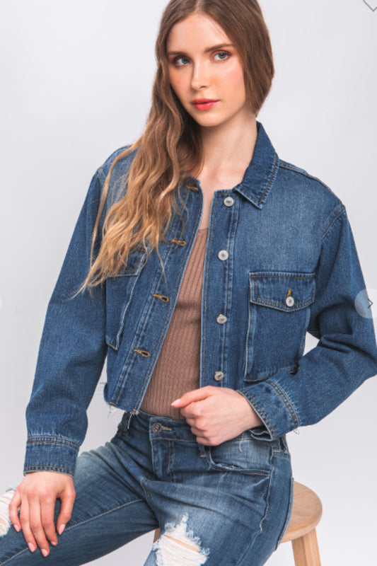 Love Tree Raw Hem Button Up Cropped Denim Jacket - The Boutie Shop