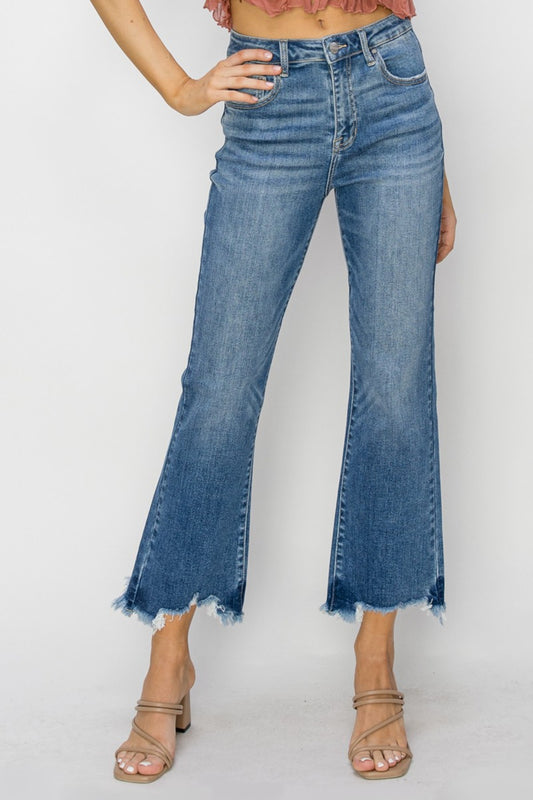 RISEN High Waist Raw Hem Flare Jeans - The Boutie Shop