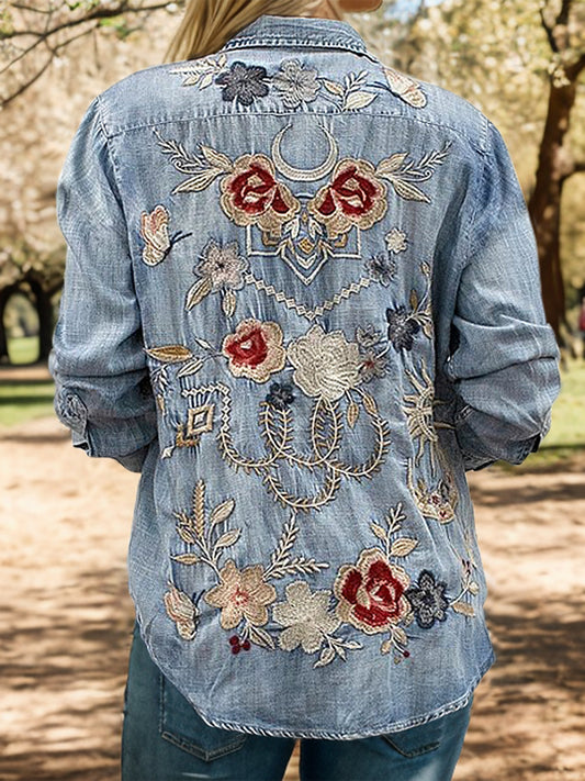 MeiMei Embroidered Pocketed Button Up Denim Shirt - The Boutie Shop