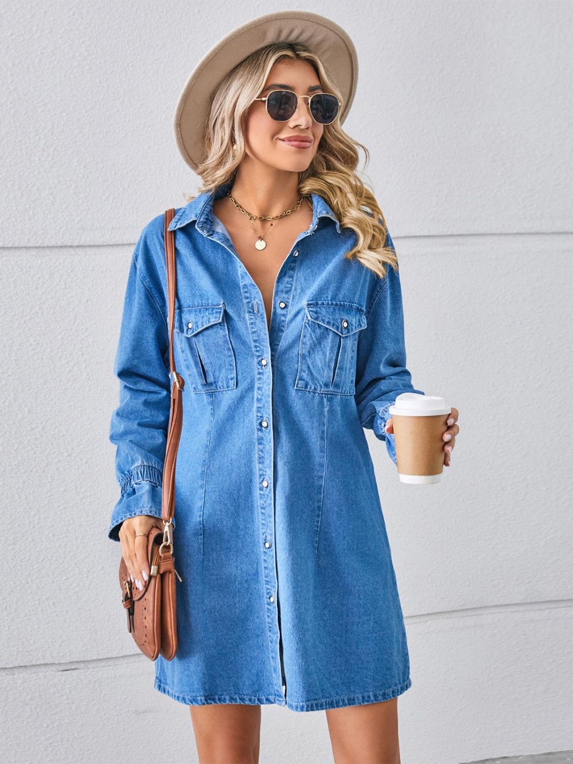 Pocketed Dropped Shoulder Mini Denim Dress - The Boutie Shop