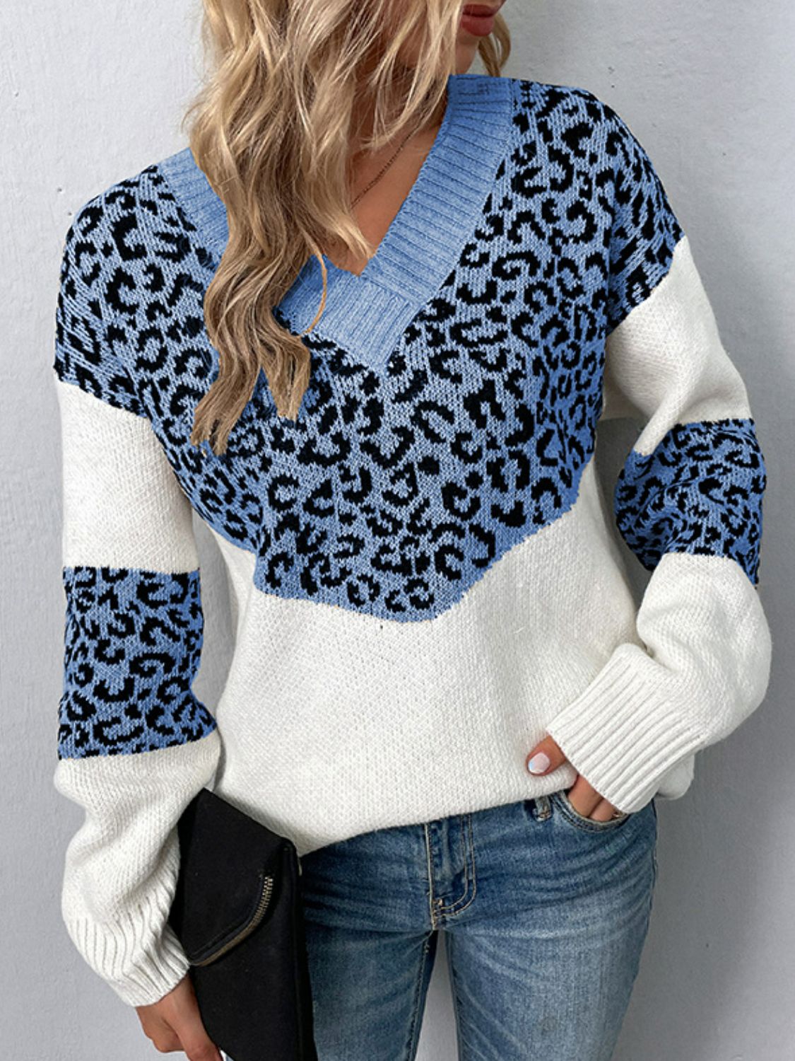 Leopard V-Neck Dropped Shoulder Sweater - The Boutie Shop