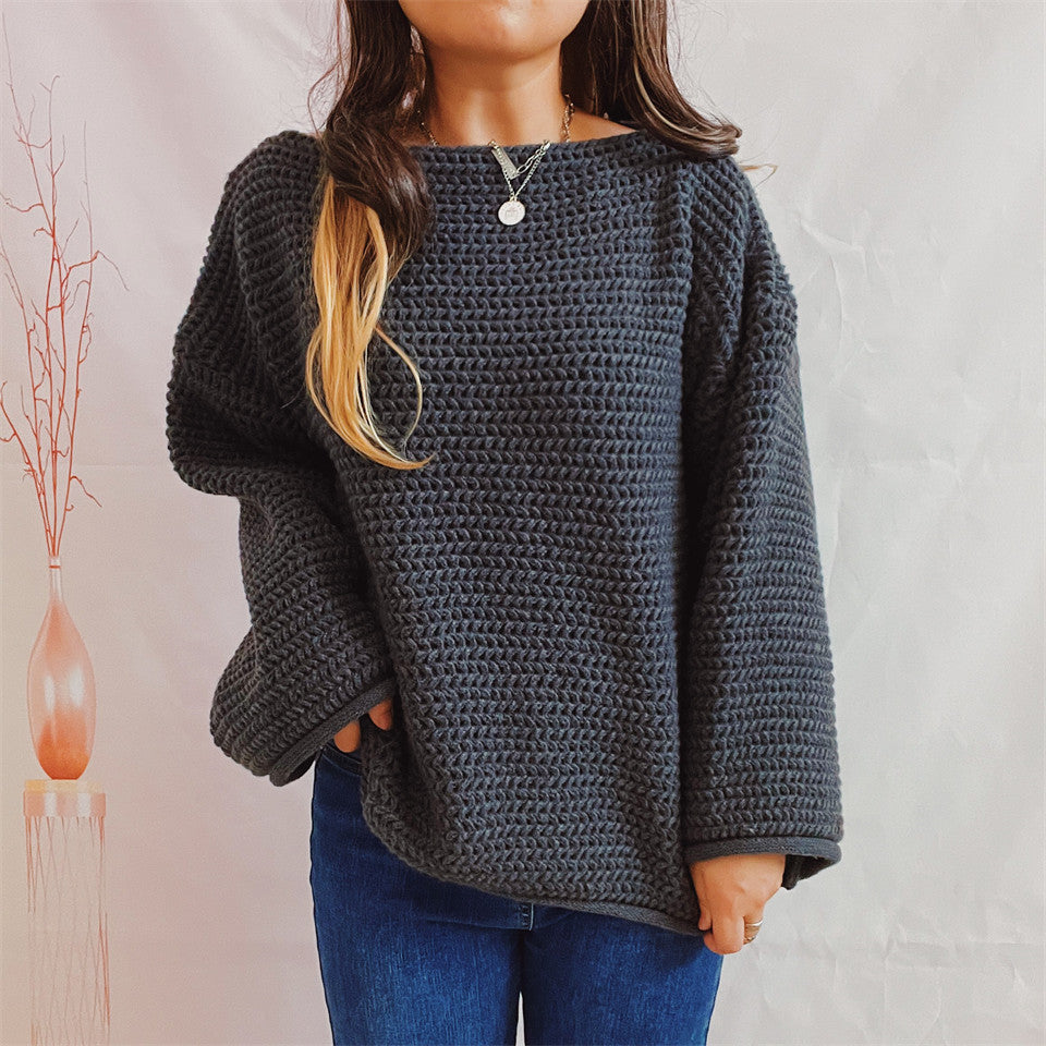 Openwork Boat Neck Long Sleeve Sweater - The Boutie Shop