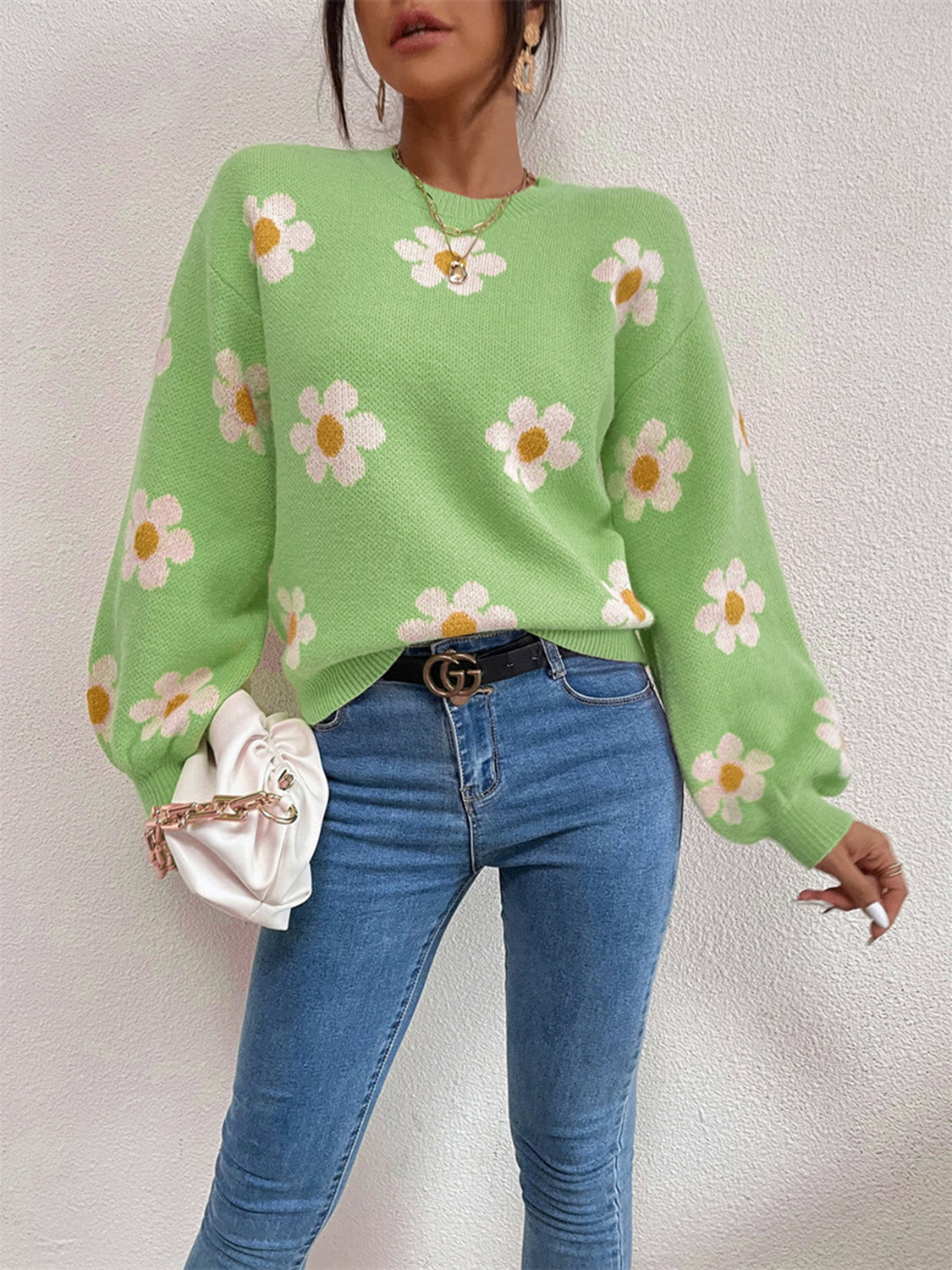 Flower Round Neck Latern Sleeve Sweater - The Boutie Shop