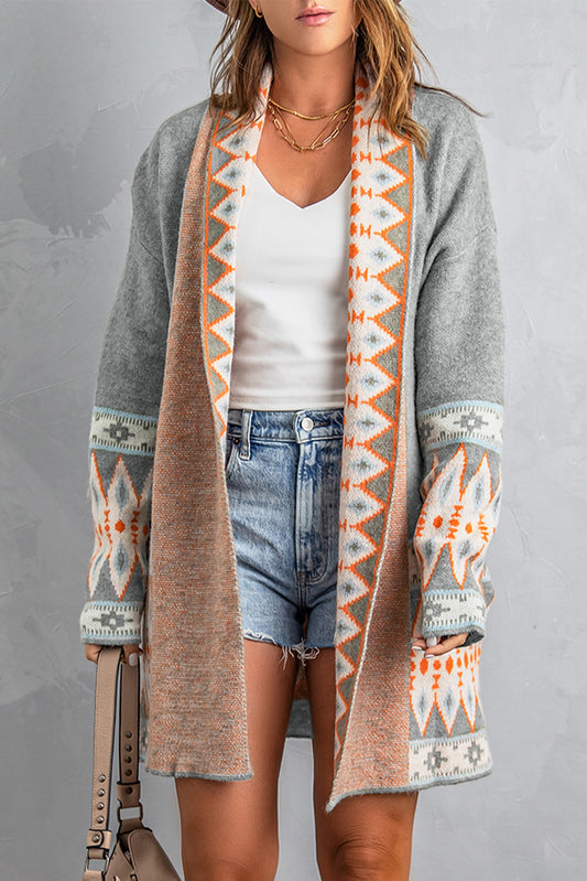 Geometric Open Front Long Sleeve Cardigan - The Boutie Shop