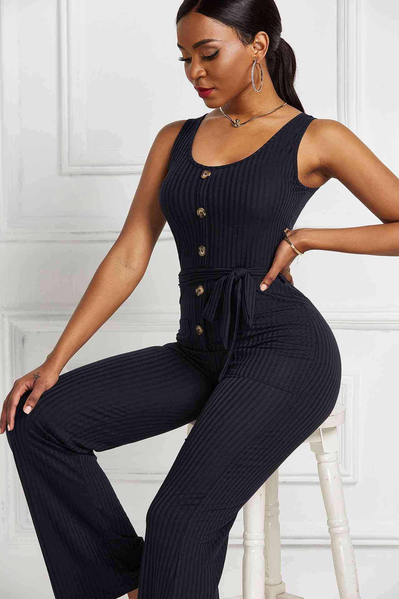 Button Detail Tie Waist Jumpsuit with Pockets - The Boutie Shop