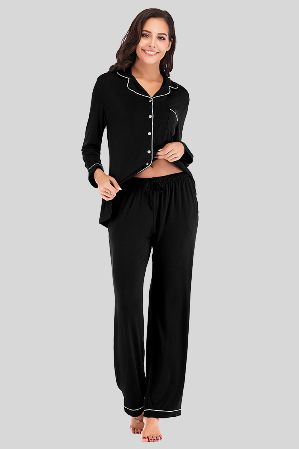 Collared Neck Long Sleeve Loungewear Set with Pockets - The Boutie Shop