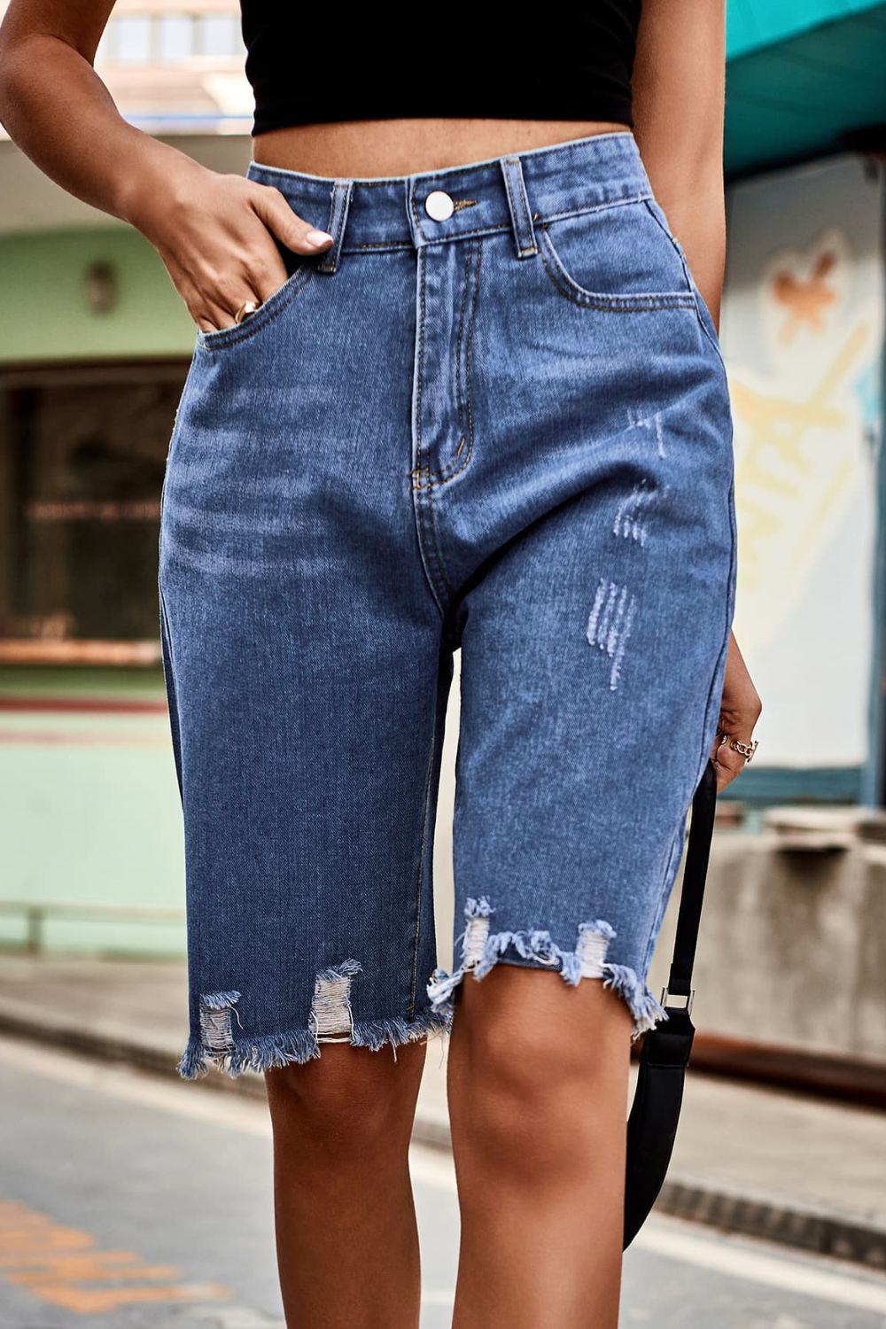 Raw Hem High Waist Denim Shorts with Pockets - The Boutie Shop