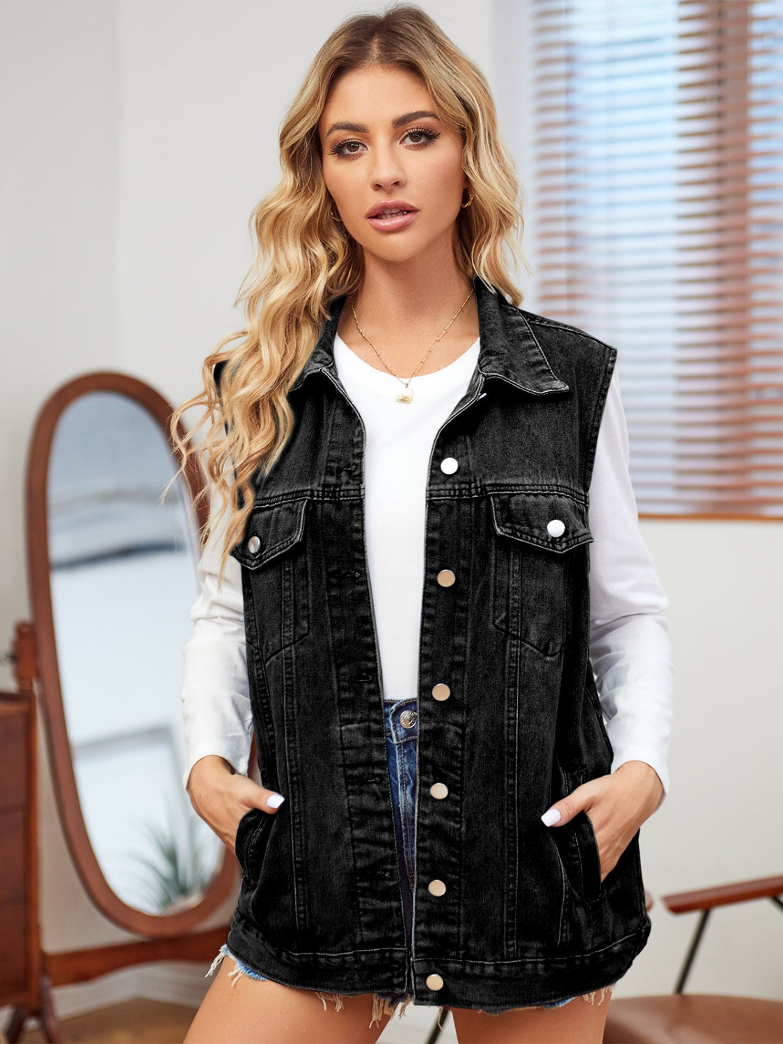 Pocketed Button Up Sleeveless Denim Jacket - The Boutie Shop