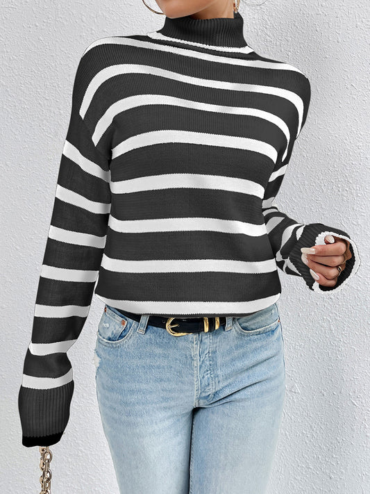 Striped Turtleneck Long Sleeve Sweater - The Boutie Shop