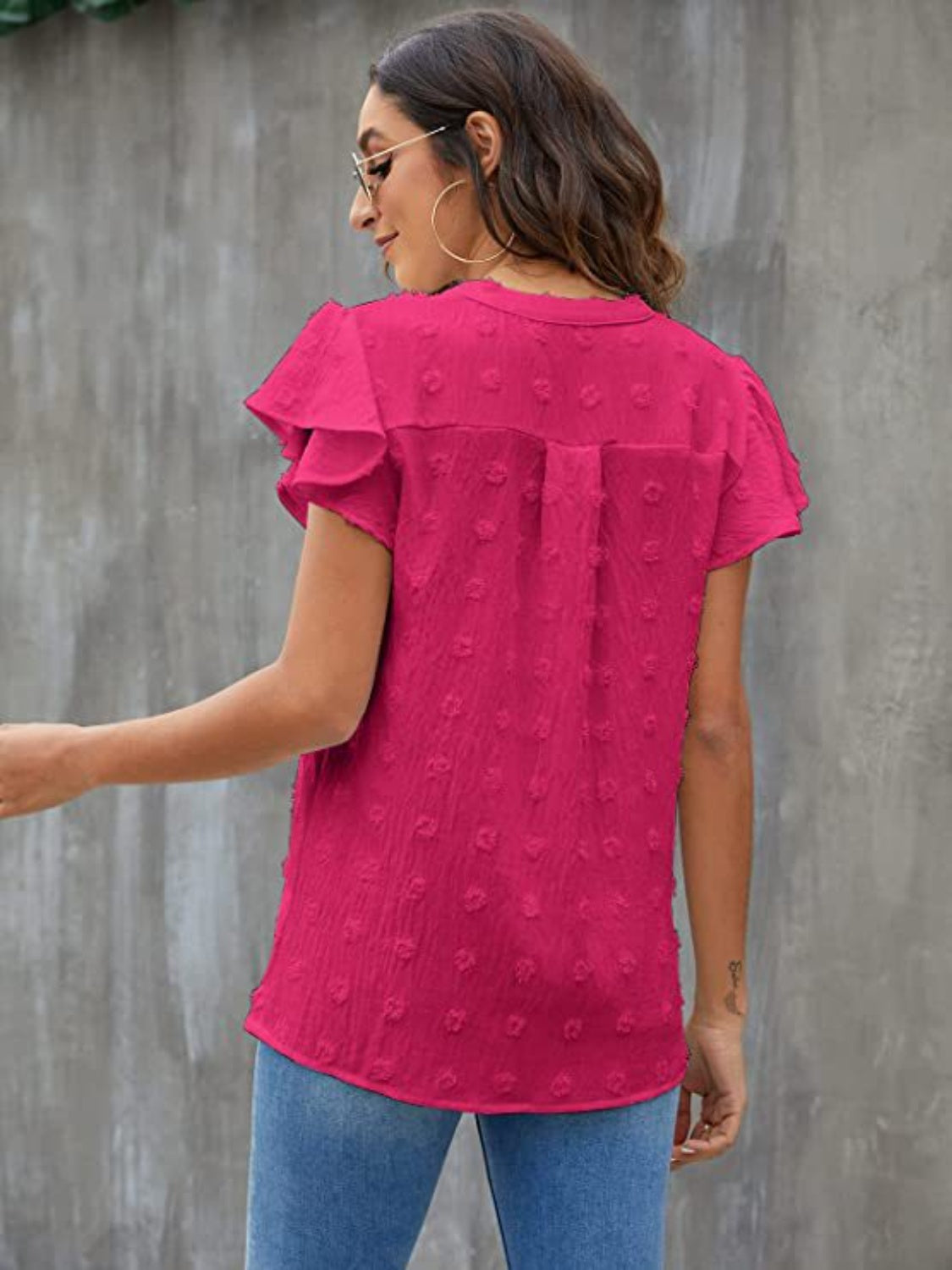 Swiss Dot Notched Cap Sleeve Blouse - The Boutie Shop