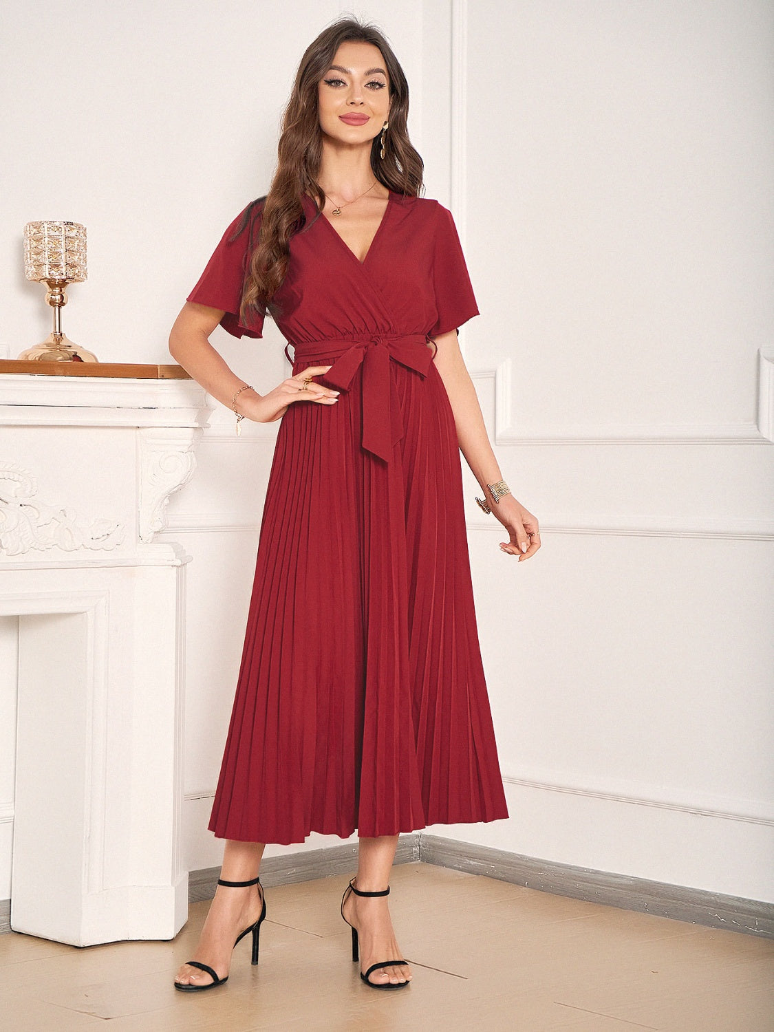 Pleated Surplice Tie Waist Dress - The Boutie Shop