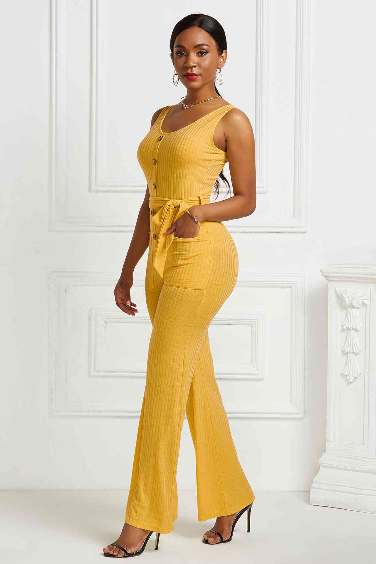 Button Detail Tie Waist Jumpsuit with Pockets - The Boutie Shop