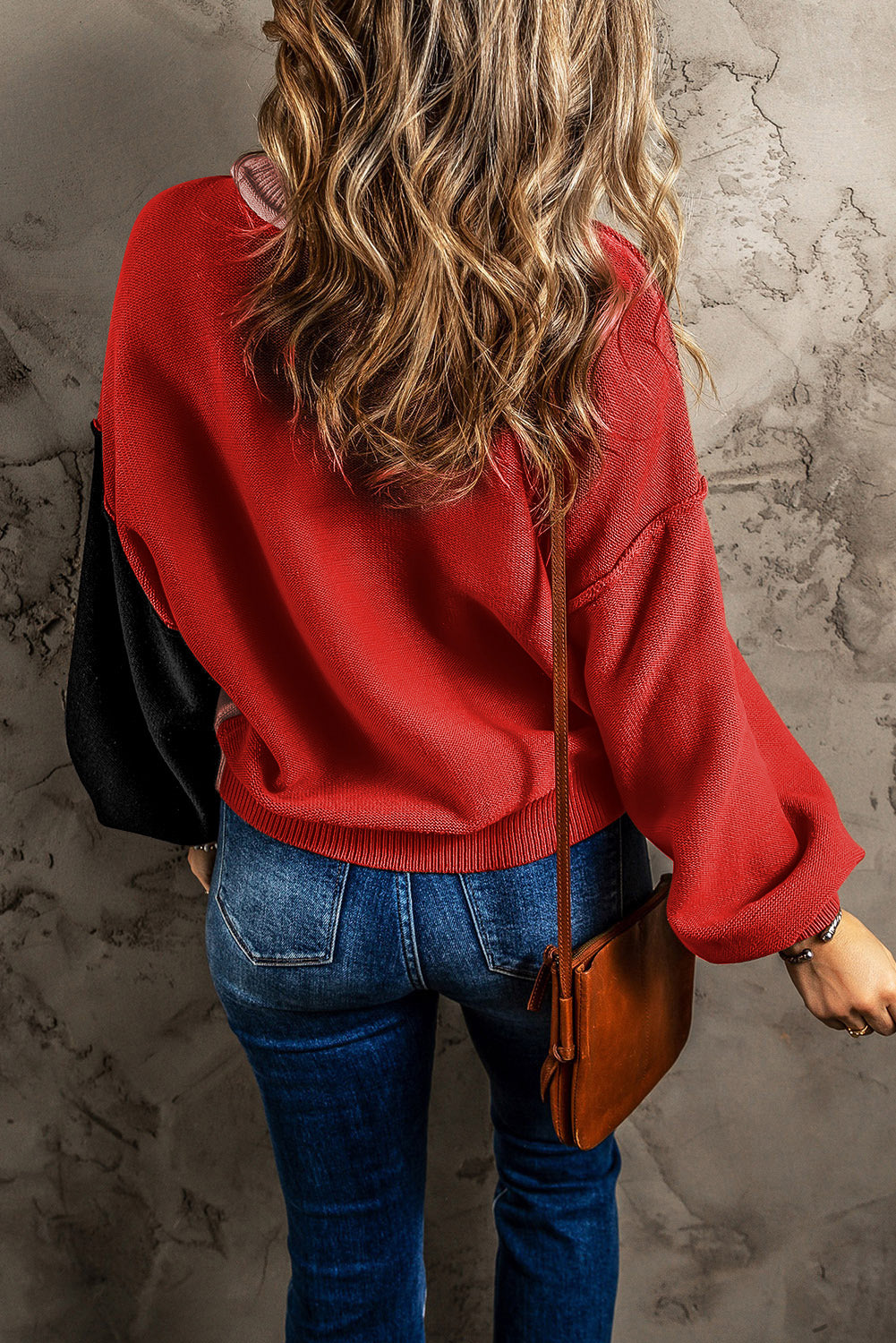 Contrast Round Neck Dropped Shoulder Sweater - The Boutie Shop