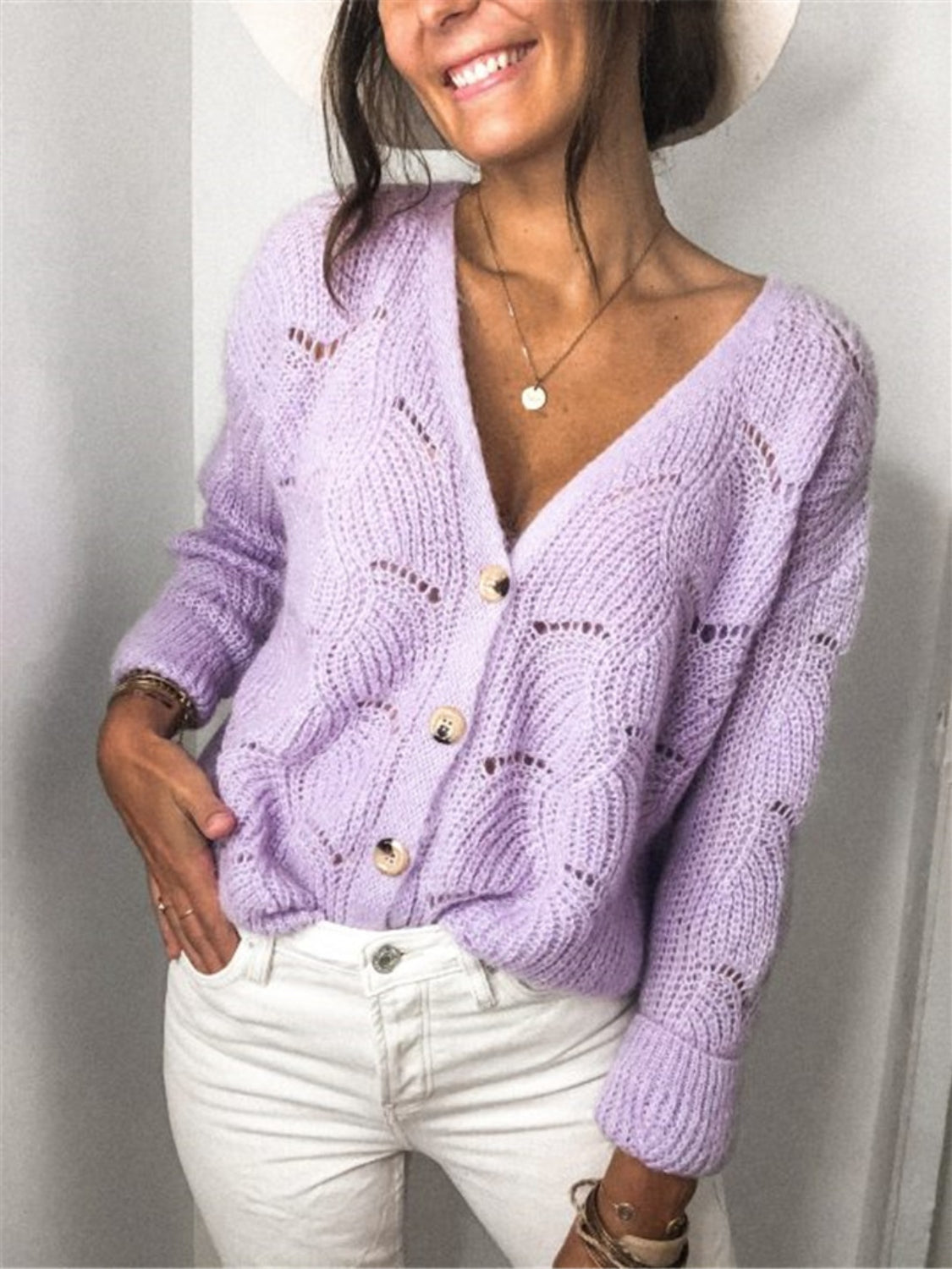 Openwork Button Up Long Sleeve Cardigan - The Boutie Shop
