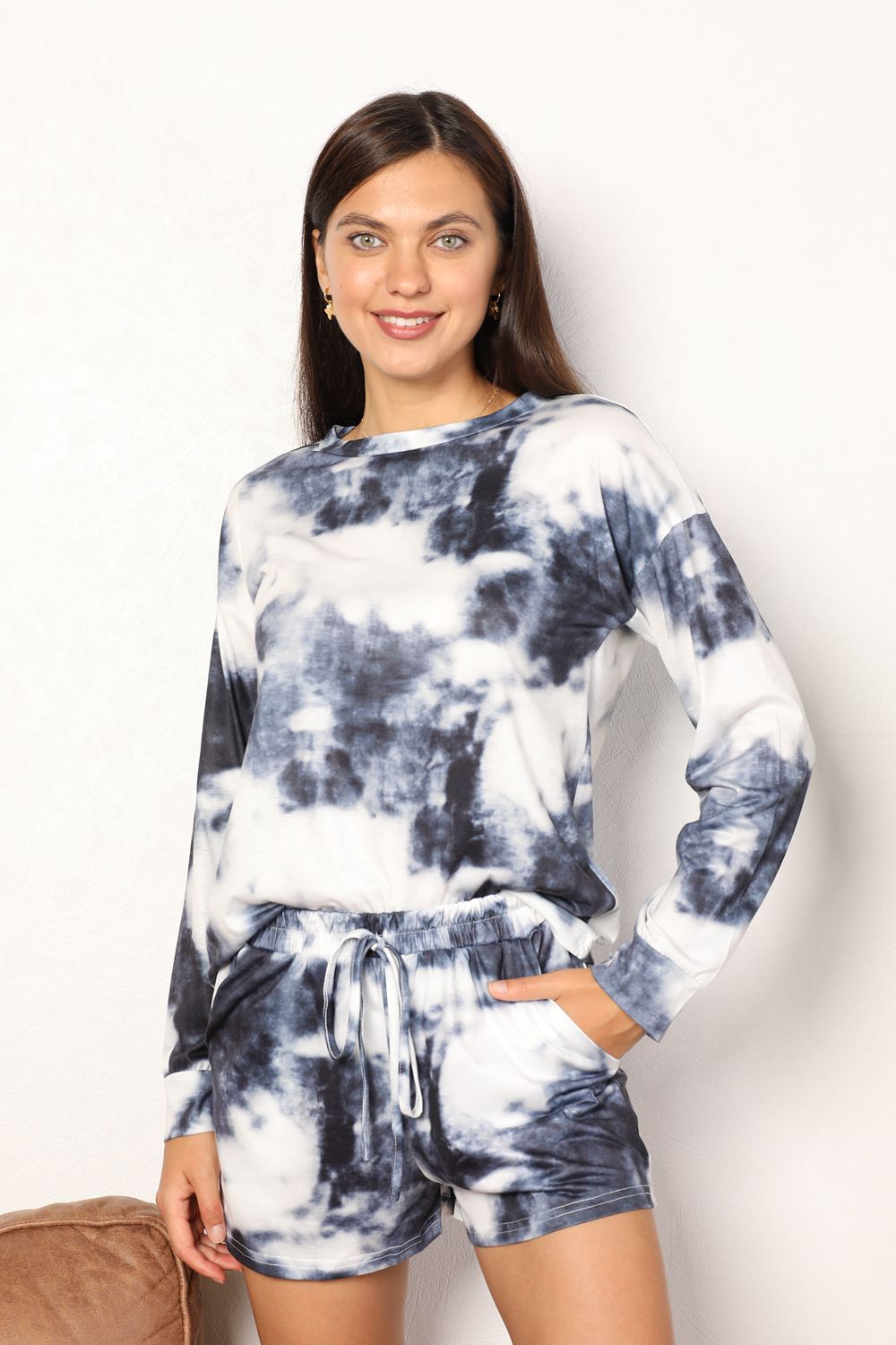 Shiny Tie-Dye Round Neck Top and Shorts Lounge Set - The Boutie Shop