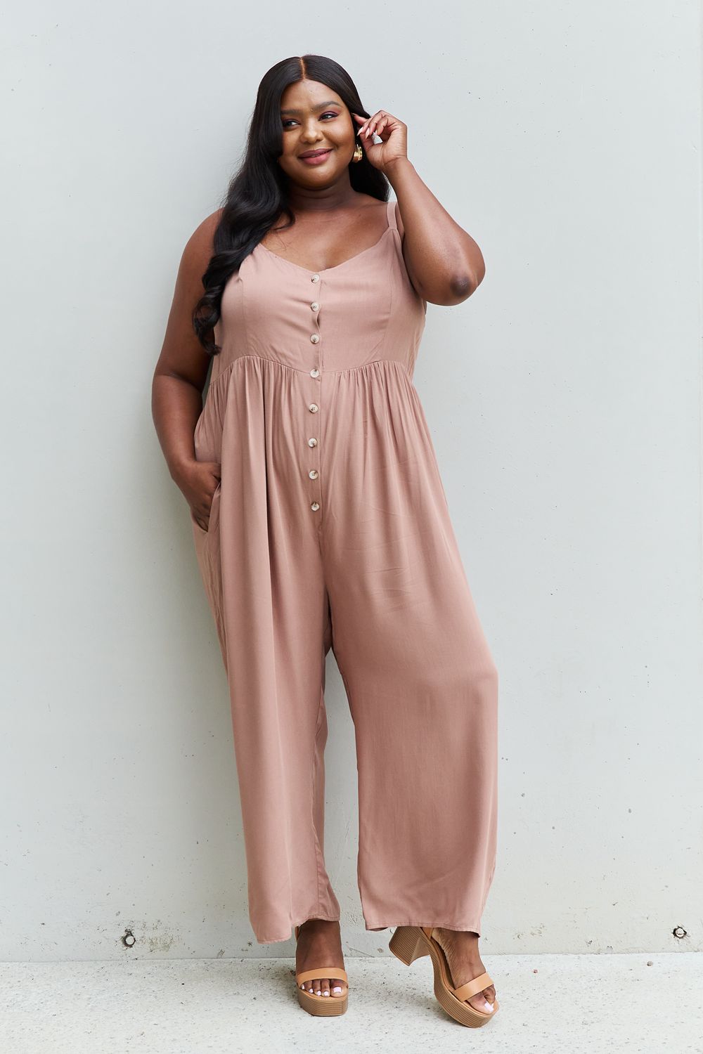 HEYSON All Day Full Size Wide Leg Button Down Jumpsuit in Mocha - The Boutie Shop