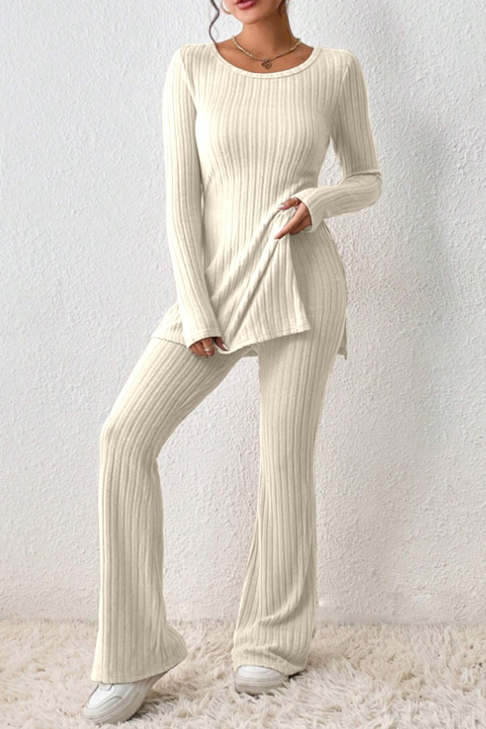 Ribbed Long Sleeve Slit Top and Bootcut Pants Set - The Boutie Shop