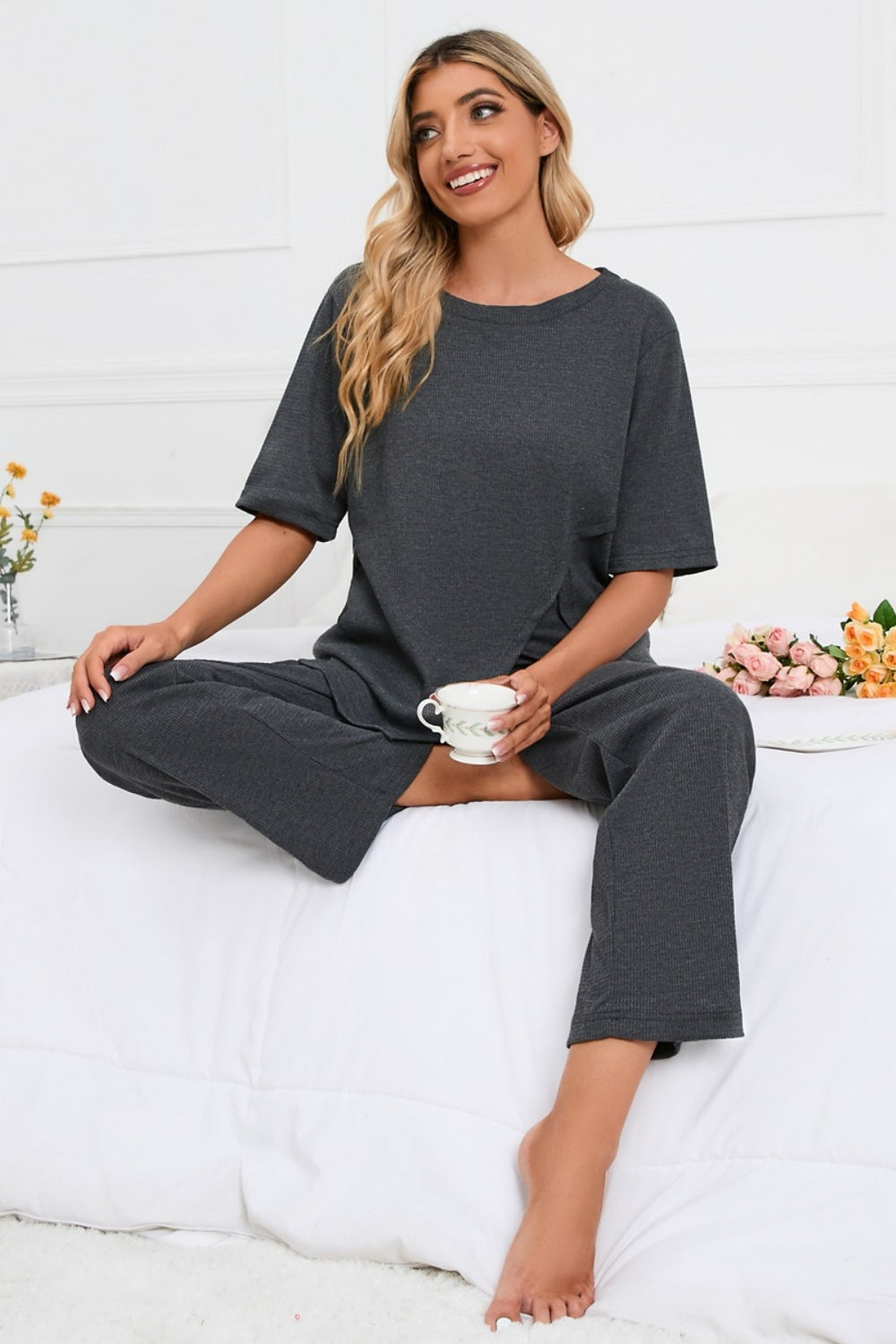 Slit Round Neck Top and Pants Lounge Set - The Boutie Shop