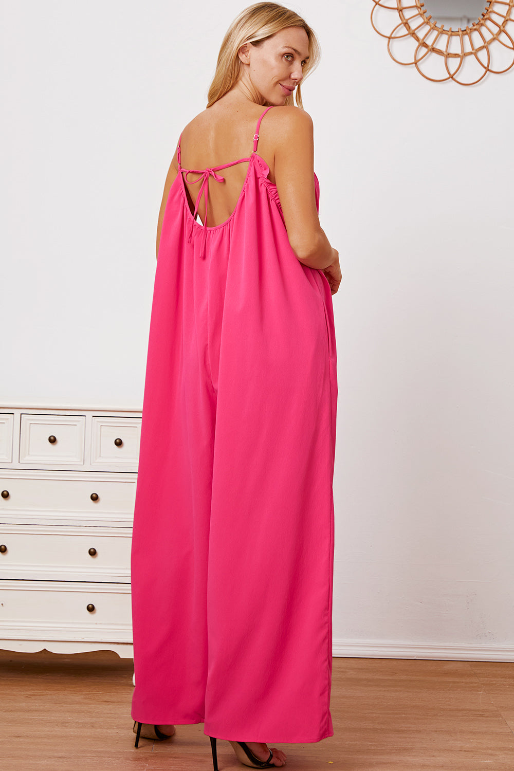 Double Take Full Size Ruffle Trim Tie Back Cami Jumpsuit with Pockets - The Boutie Shop