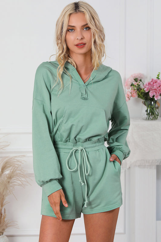 Drawstring Waist Hooded Romper with Pockets - The Boutie Shop