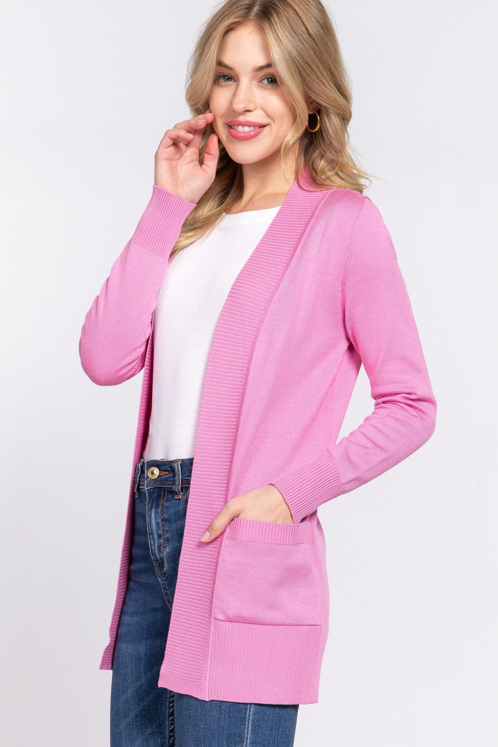 ACTIVE BASIC Ribbed Trim Open Front Cardigan - The Boutie Shop