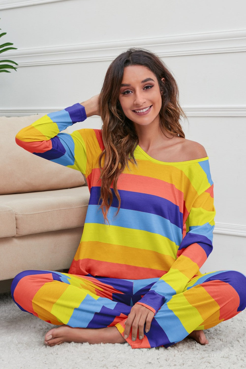 Striped Round Neck Long Sleeve Top and Drawstring Pants Lounge Set - The Boutie Shop