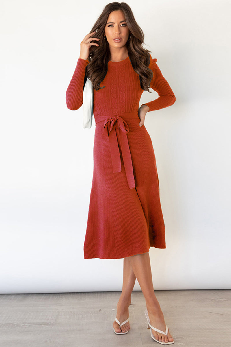 Round Neck Long Sleeve Tie Waist Sweater Dress - The Boutie Shop