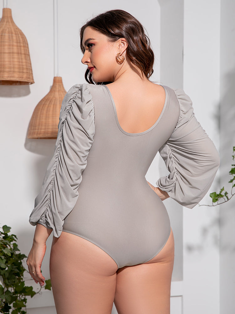 Plus Size Tied Deep V Balloon Sleeve One-Piece Swimsuit - The Boutie Shop