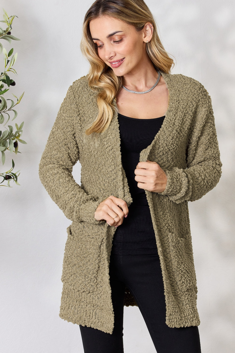 Zenana Falling For You Full Size Open Front Popcorn Cardigan - The Boutie Shop