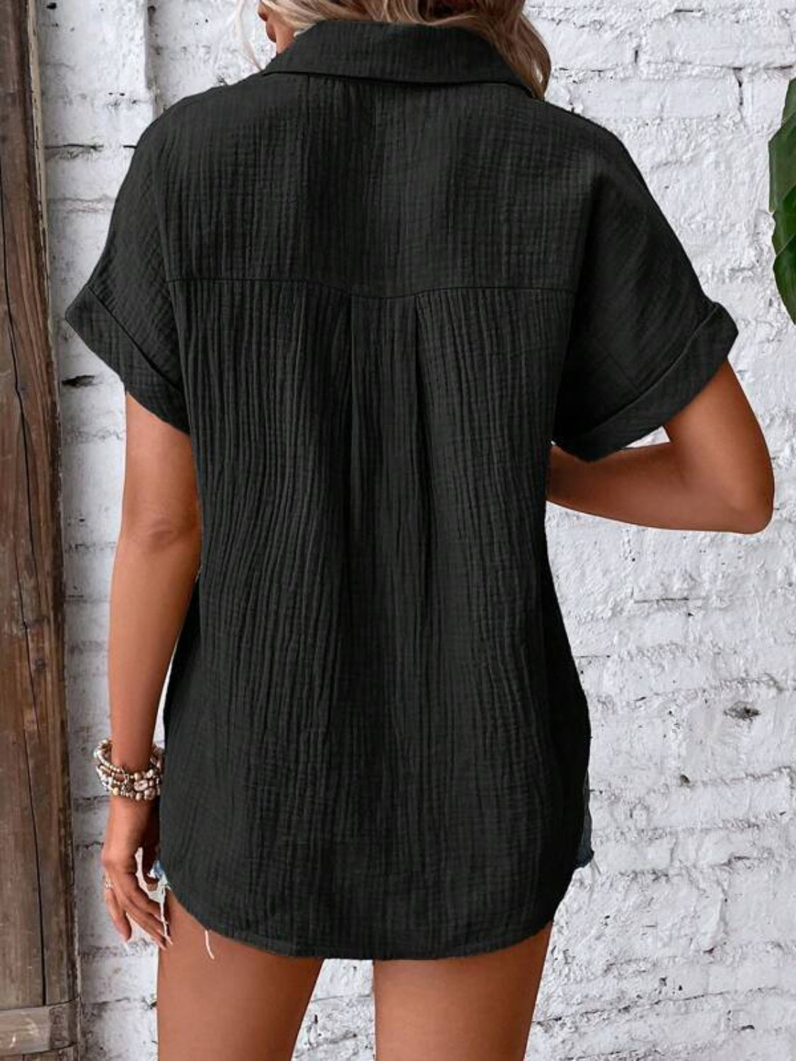 Lovelet Textured Button Up Short Sleeve Shirt - The Boutie Shop