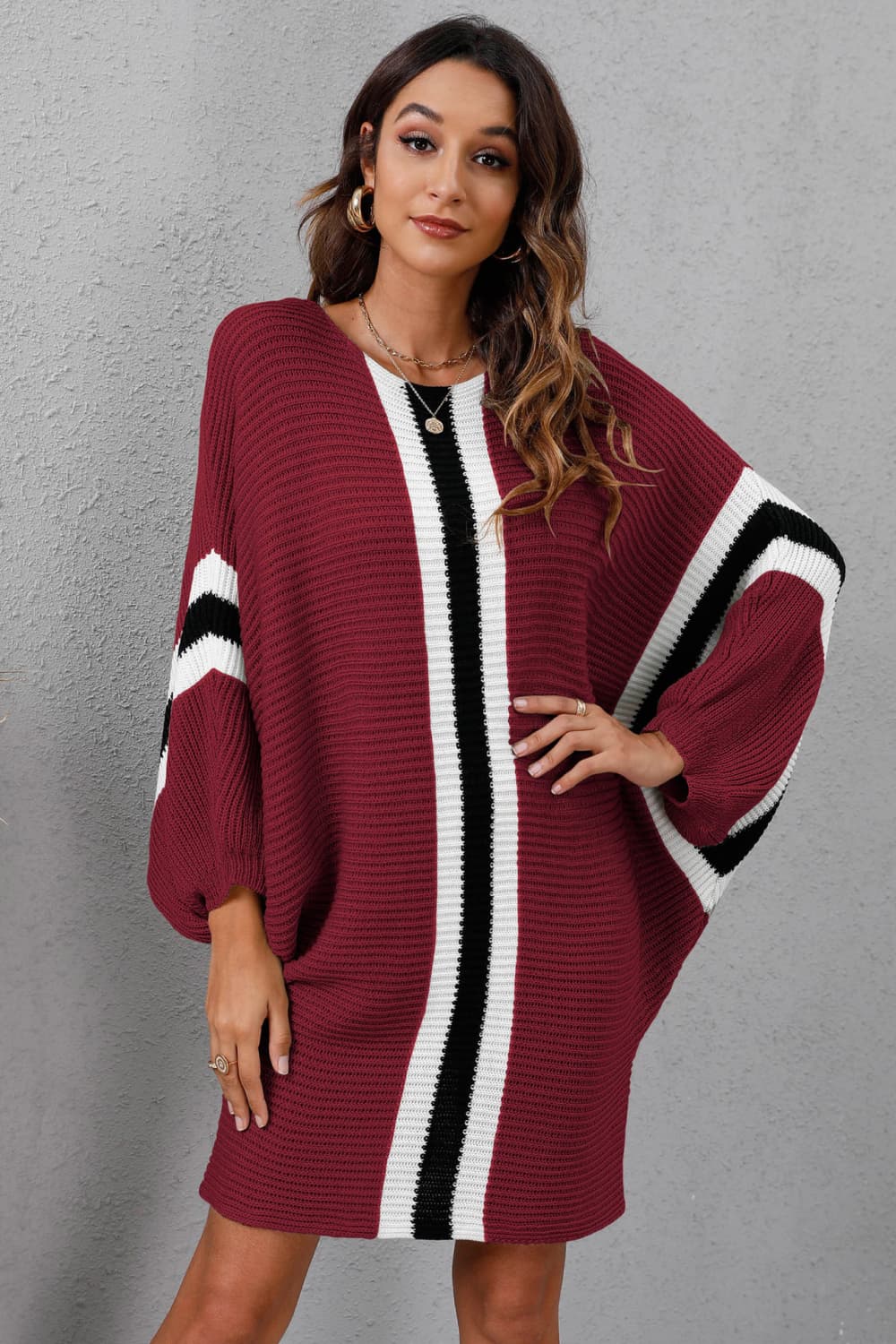 Ribbed Round Neck Long Sleeve Sweater Dress - The Boutie Shop