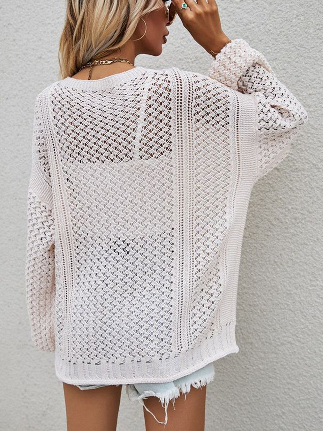 Openwork Button Front Cardigan - The Boutie Shop