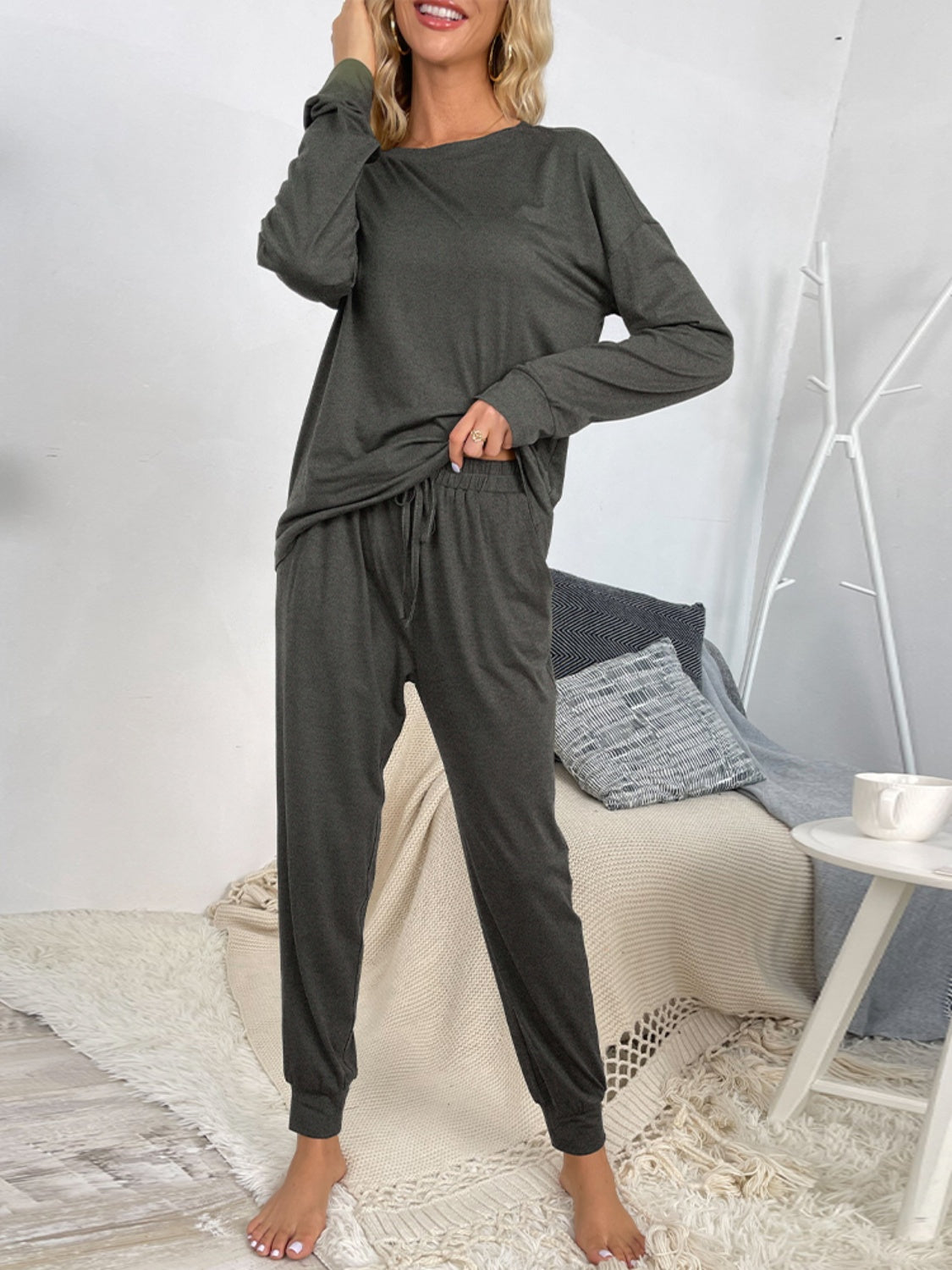 Shiny Round Neck Top and Drawstring Pants Lounge Set - The Boutie Shop