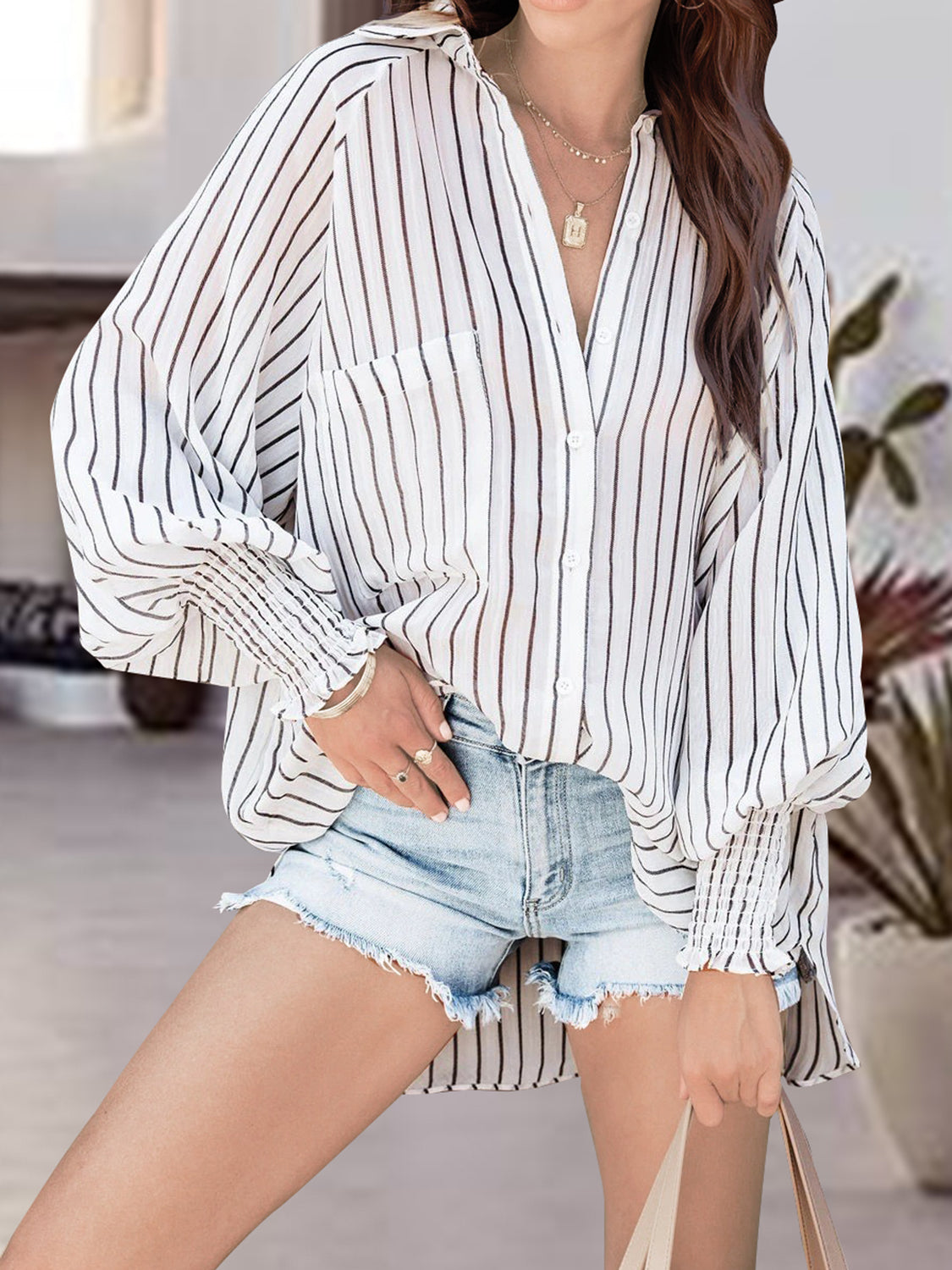 MeiMei Striped Button Up Lantern Sleeve Shirt - The Boutie Shop