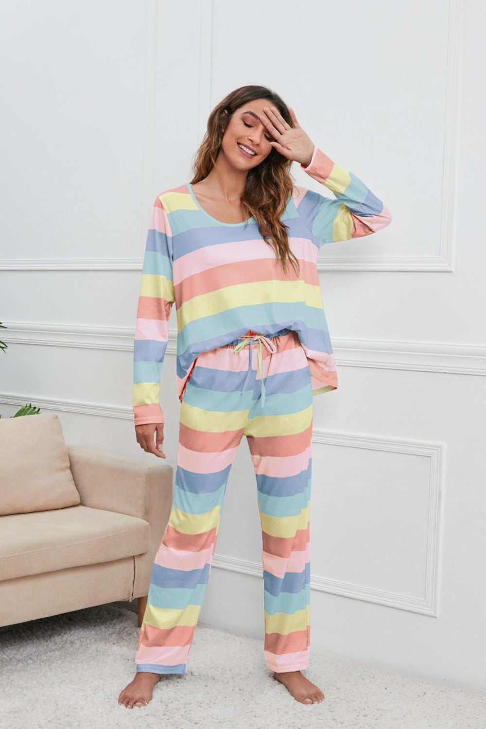 Striped Round Neck Long Sleeve Top and Drawstring Pants Lounge Set - The Boutie Shop