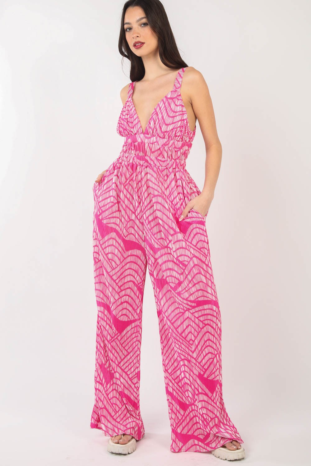 VERY J Printed Pleated Sleeveless Wide Leg Jumpsuit - The Boutie Shop