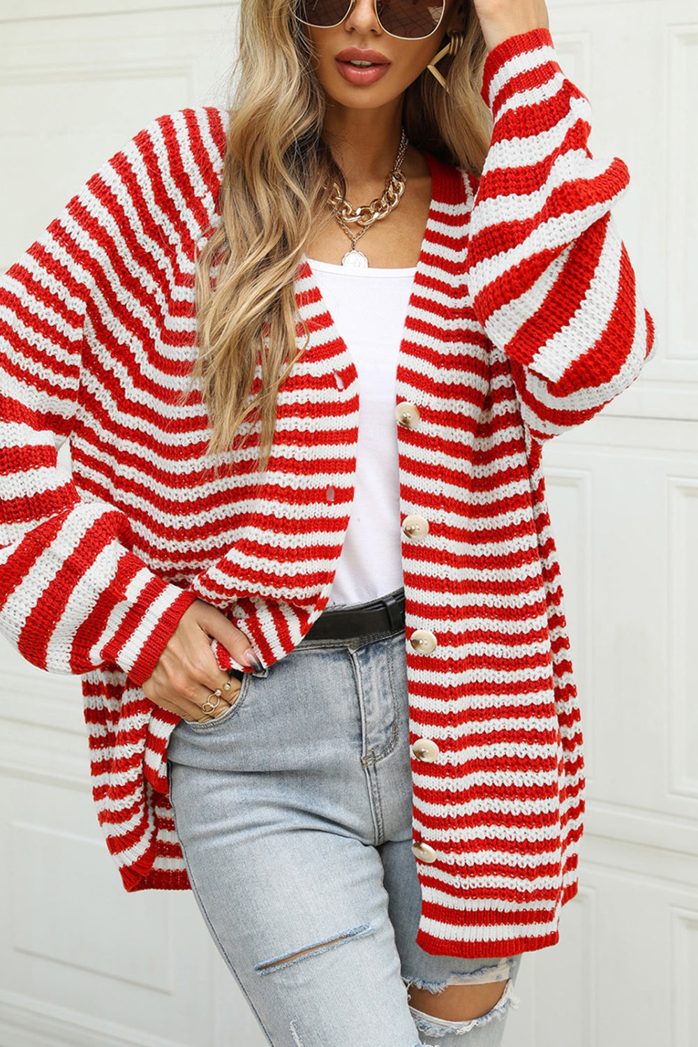 Angel Wings Striped Button Up Long Sleeve Cardigan - The Boutie Shop