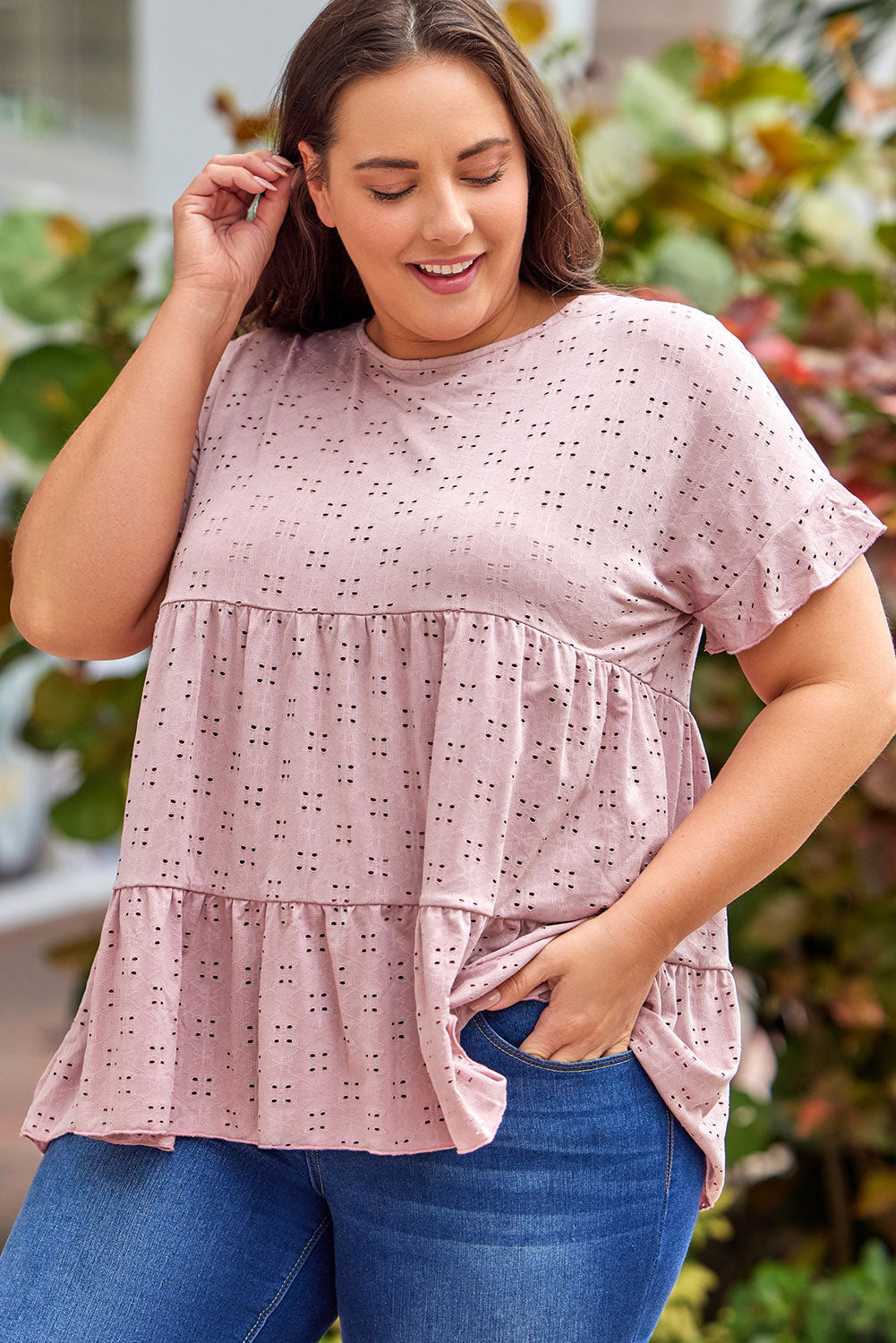 Plus Size Eyelet Round Neck Short Sleeve Blouse - The Boutie Shop