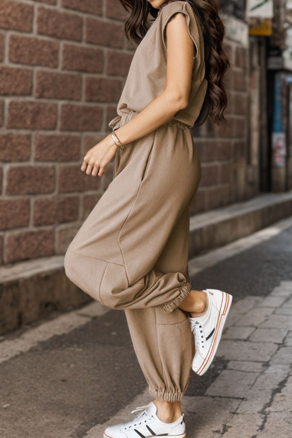 Drawstring Round Neck Cap Sleeve Jumpsuit - The Boutie Shop